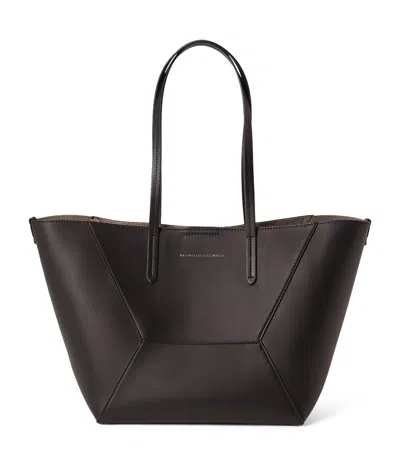 Brunello Cucinelli Small Calfskin Bc Duo Tote Bag In Brown