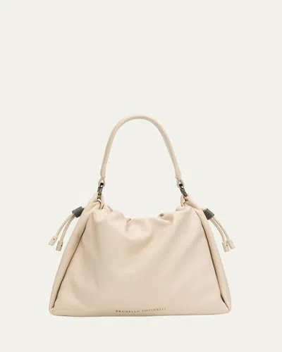 Brunello Cucinelli Small Lambskin Leather Bucket Bag In White