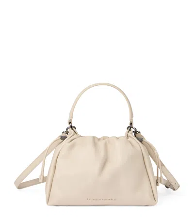 Brunello Cucinelli Small Leather Mellow Bucket Bag In White