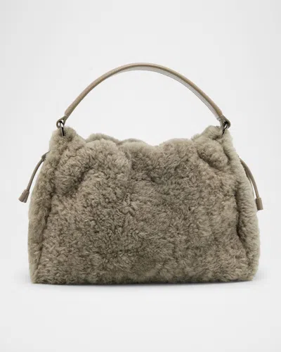 Brunello Cucinelli Small Shearling Bucket Bag In White