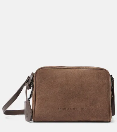 Brunello Cucinelli Small Suede Crossbody Bag In Brown