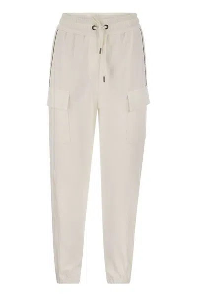 BRUNELLO CUCINELLI SMOOTH COTTON CARGO PANTS FOR WOMEN WITH STRIPES AND DRAWSTRING CLOSURE
