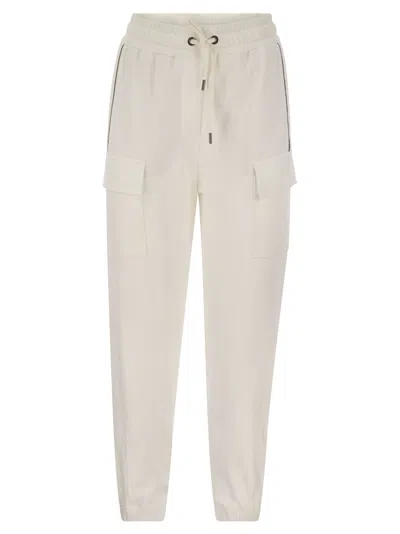 Brunello Cucinelli Smooth Cotton Fleece Cargo Trousers With Monile In White