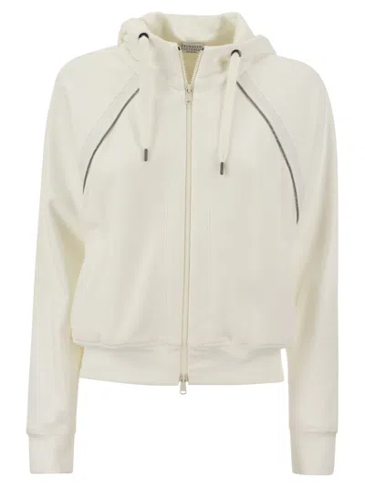 Brunello Cucinelli Smooth Cotton Fleece Hooded Topwear With Shiny Piping In White