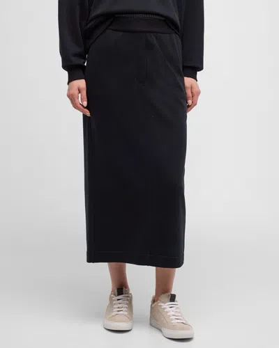 Brunello Cucinelli Smooth Cotton Fleece Midi Travel Skirt In C101 Black