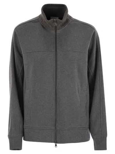 Brunello Cucinelli Smooth Cotton Fleece Topwear With Ribbed Collar Precious In Grey