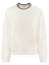 Brunello Cucinelli Women Smooth Cotton Fleece Topwear With Ribbed Collar Precious In White
