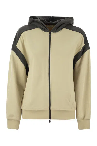 Brunello Cucinelli Women's Smooth Cotton Fleece Topwear With Zip, Hood And Shiny Trim In Cream/grey