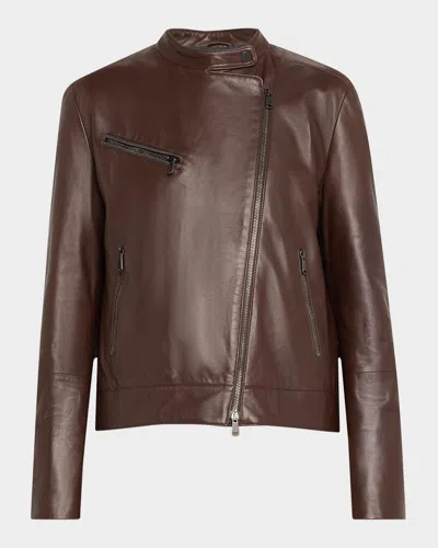 Brunello Cucinelli Smooth Glove Leather Biker Jacket With Monili Zip Pocket In C9106 Brown