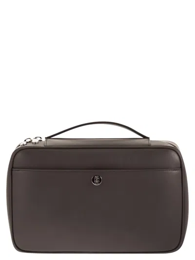 Brunello Cucinelli Smooth Leather Beauty Case With Logo In Brown