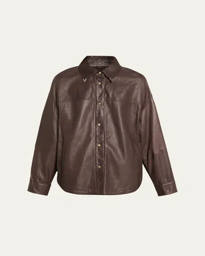 Brunello Cucinelli Snap-front Soft Leather Shirt In Brown