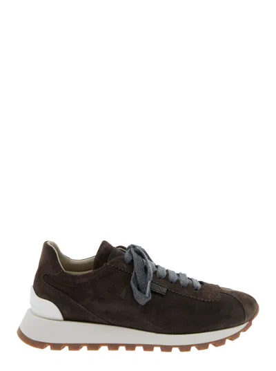 BRUNELLO CUCINELLI BRUNELLO CUCINELLI BROWN LOW TOP SNEAKERS WITH MONIL DETAIL ON THE SIDE AND EMBOSSED LOGO LETTERING 