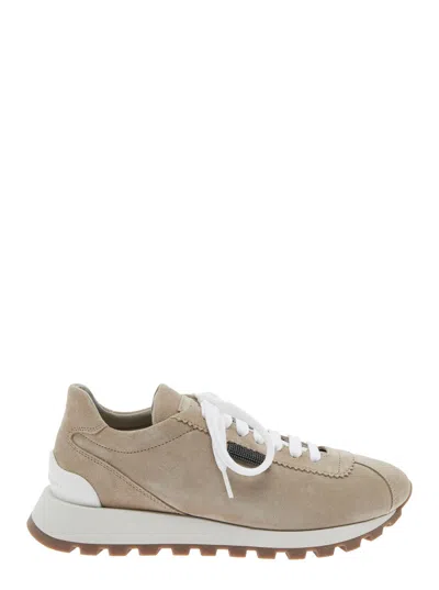 BRUNELLO CUCINELLI BRUNELLO CUCINELLI BEIGE LOW TOP SNEAKERS WITH MONIL DETAIL ON THE SIDE AND EMBOSSED LOGO LETTERING 
