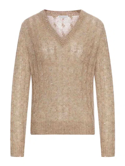 Brunello Cucinelli Mohair Wool Blend V-neck Sweater In Brown
