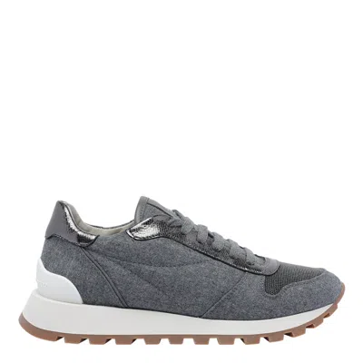 Brunello Cucinelli Low Top Sneakers With Contrast Sole And Textured Panels In Gray