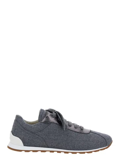 BRUNELLO CUCINELLI GREY LOWTOP SNEAKERS WITH MONIL DETAIL ON THE TONGUE AND CONTRASTING HEEL WITH LOGO LETTERING IN WOO