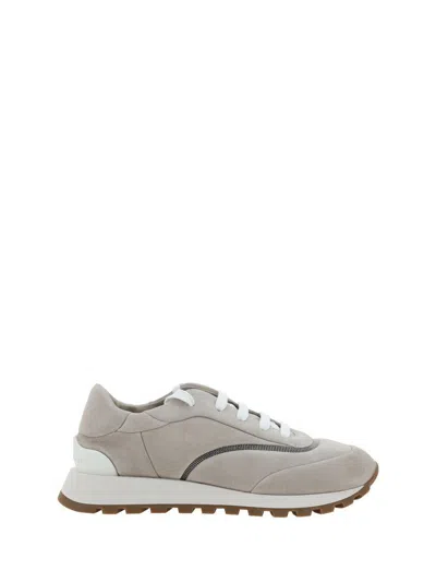 Brunello Cucinelli Suede Sneakers With Shiny Details In Beige