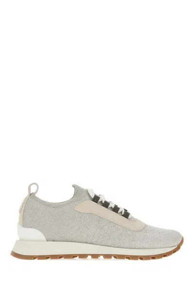 Brunello Cucinelli Lurex Knit Sneakers In Light Grey