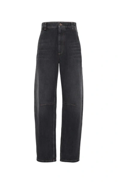 Brunello Cucinelli Metallic Denim Curved Wide-leg Pants In Dark Grey