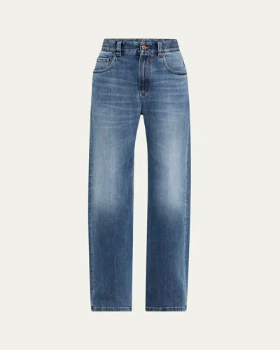 Brunello Cucinelli Soft Denim Loose Stove Pipe Jeans In Blue