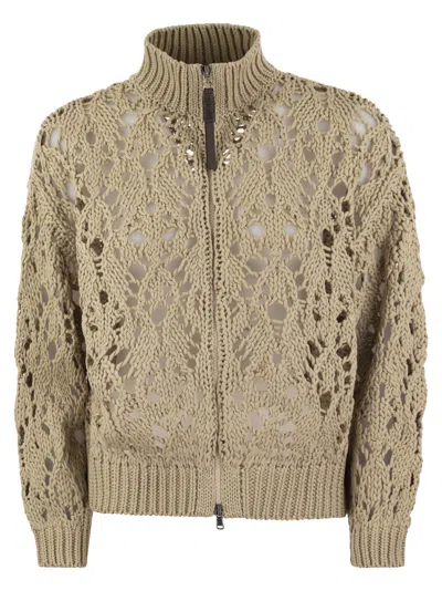 Brunello Cucinelli Soft Feather Cotton Lace Stitch Cardigan With Precious Zipper Pull In Light Camel