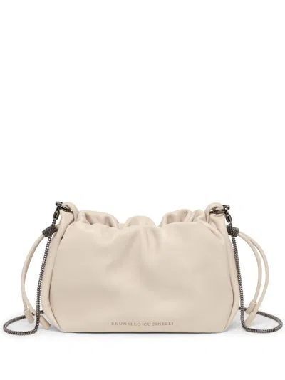 Brunello Cucinelli Soft Leather Bucket Bag With Chain Strap In White