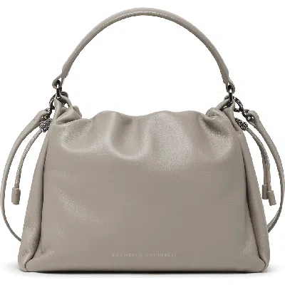 Brunello Cucinelli Soft Leather Pouch Bag With Monili In Grey