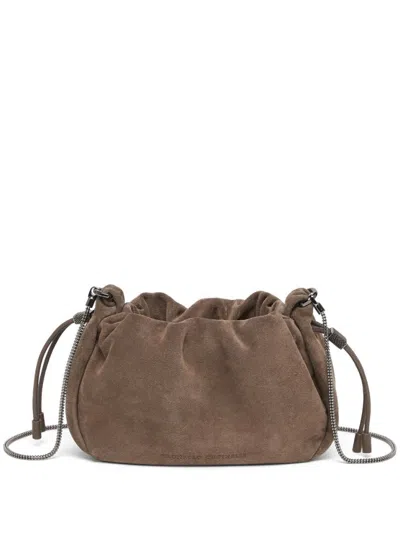 Brunello Cucinelli Soft Suede Drawstring Bag With Chain-link Strap In Neutral