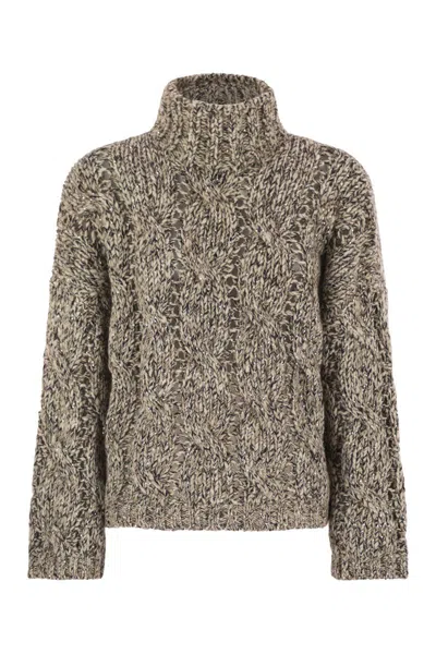 Brunello Cucinelli Soft Wool, Cashmere And Mohair Turtleneck Sweater With Braided Design In Gray