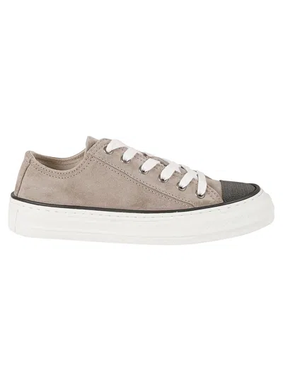 Brunello Cucinelli Softy Velour Pair Of Sneakers In Gray