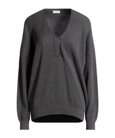 Brunello Cucinelli Solidcolor Longsleeve Vneck Knit Sweater In Gray