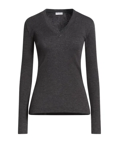 Brunello Cucinelli Solid-color Wool V-neck Knit T-shirt In Gray