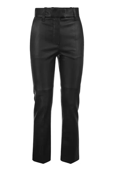 BRUNELLO CUCINELLI SOPHISTICATED BLACK STRETCH NAPPA LEATHER CIGARETTE TROUSERS