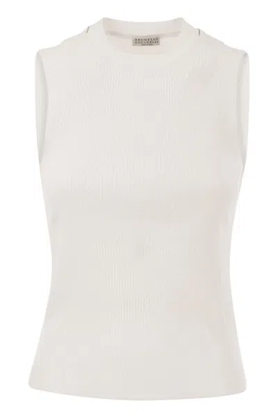 Brunello Cucinelli Sophisticated Women's Cotton Ribbed T-shirt With Elegant Monile Details In White