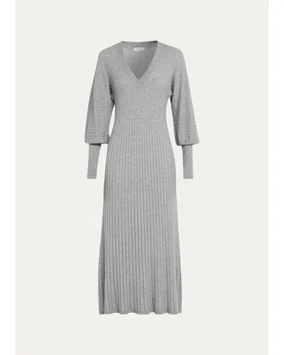 Brunello Cucinelli Sparkle Cashmere Rib Long-sleeve Midi Dress In Gray