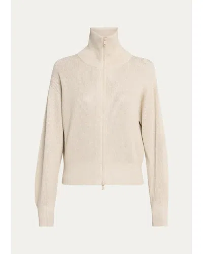 Brunello Cucinelli Sparkle Rib Knit Zip Cardigan In Ivory