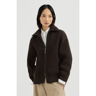 Brunello Cucinelli Sparkling & Dazzling Cashmere And Wool Ribbed Cardigan With Shiny Zipper Pull In Brown