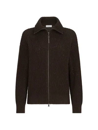 Brunello Cucinelli Sparkling & Dazzling Ribbed-knit Sequin-embellished Cardigan In Brown