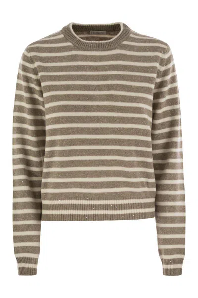 Brunello Cucinelli Women's Sparkling & Dazzling Striped Cashmere And Wool Sweater In Hazelnut