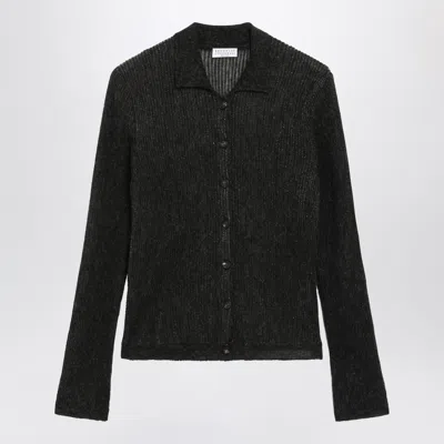 Brunello Cucinelli Sparkling Brown Ribbed Silk Blend Cardigan In Black
