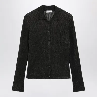 Brunello Cucinelli Sparkling Brown Ribbed Silk Blend Cardigan In Black