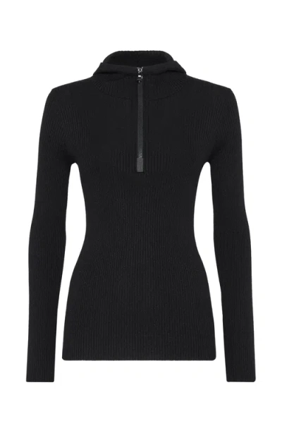 Brunello Cucinelli Sparkling Cashmere And Silk Lightweight Rib Knit Hooded Sweater With Shiny Detail In Black