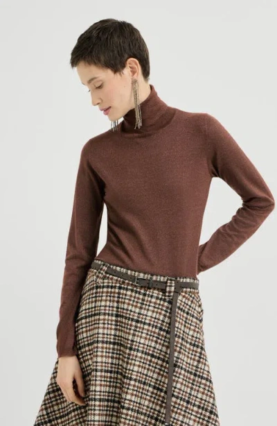 Brunello Cucinelli Sparkling Cashmere And Silk Lightweight Turtleneck Sweater In Brown