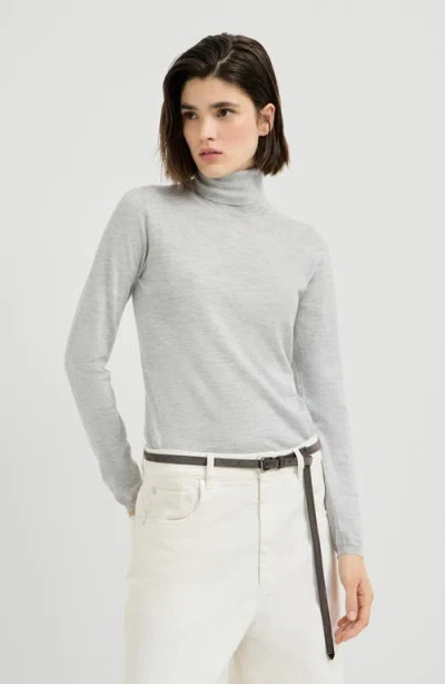 Brunello Cucinelli Sparkling Cashmere And Silk Lightweight Turtleneck Sweater In Gray