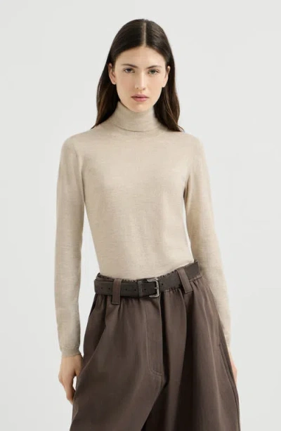 Brunello Cucinelli Sparkling Cashmere And Silk Lightweight Turtleneck Sweater In Gray