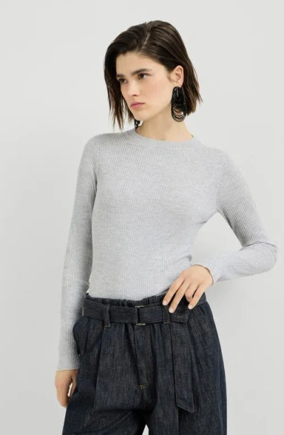 Brunello Cucinelli Sparkling Cashmere And Silk Rib Knit Lightweight Sweater In Gray
