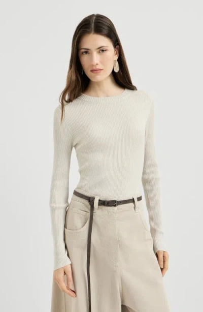 Brunello Cucinelli Sparkling Cashmere And Silk Rib Knit Lightweight Sweater In Neutral