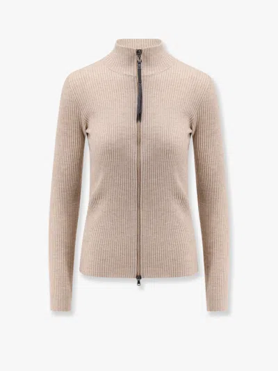 Brunello Cucinelli Cardigan In Cashmere E Seta Sparkling A Coste Con Dettaglio Monile In Beige