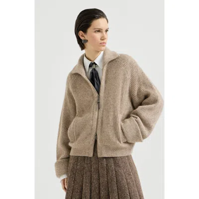 Brunello Cucinelli Sparkling Cashmere, Mohair And Wool Ribbed Cardigan With Shiny Zipper Pull In Neutral