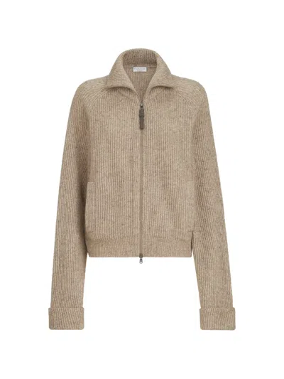 Brunello Cucinelli Metallic-knit Cashmere-blend Cardigan In Brown